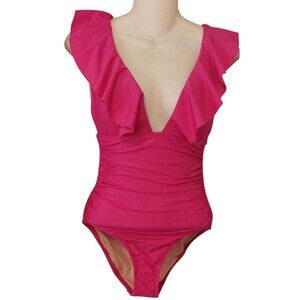 J Crew "Long Torso" Ruched Ruffle One Piece Swimsuit Hot Pink Sz 2 full Bottom